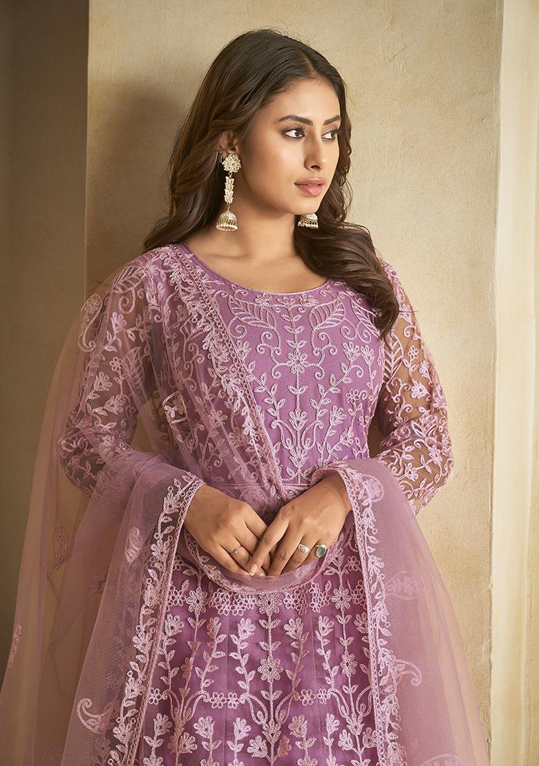 Light Purple Net Embroidered Anarkali Set With Dupptta