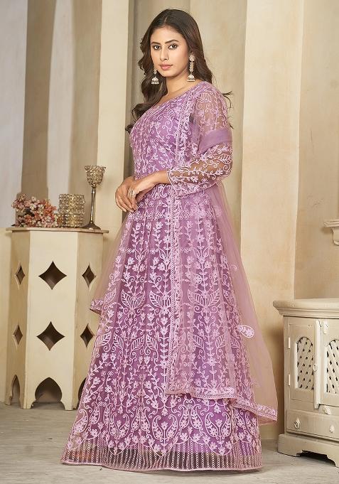 Light Purple Net Embroidered Anarkali Set With Dupptta