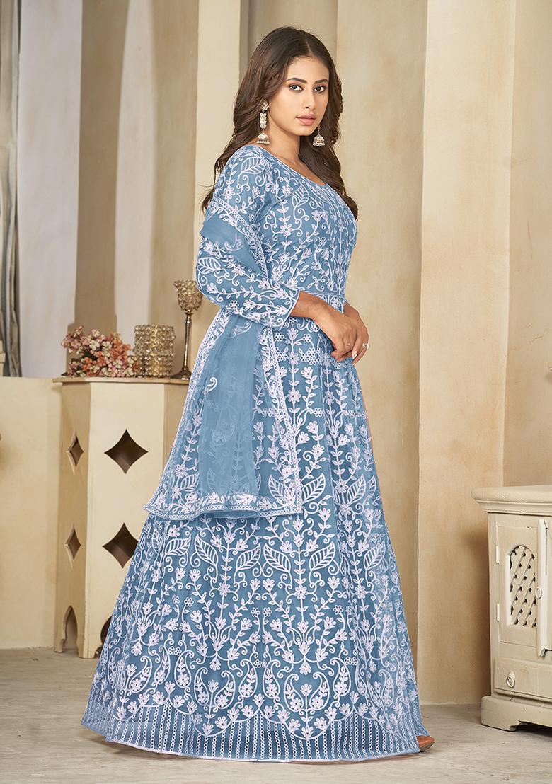 Light Yellow Net Embroidered Anarkali Set With Dupptta