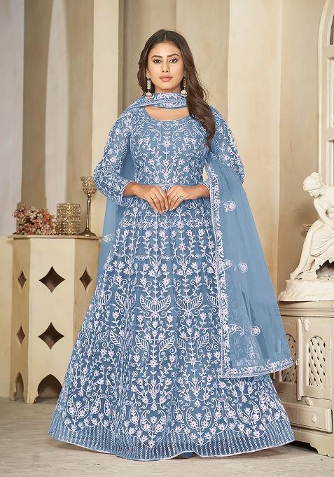 Light Yellow Net Embroidered Anarkali Set With Dupptta