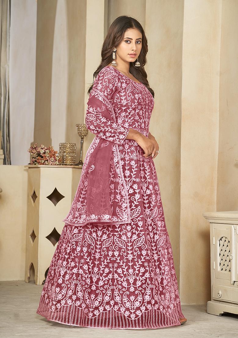 Orange Net Embroidered Anarkali Set With Dupptta