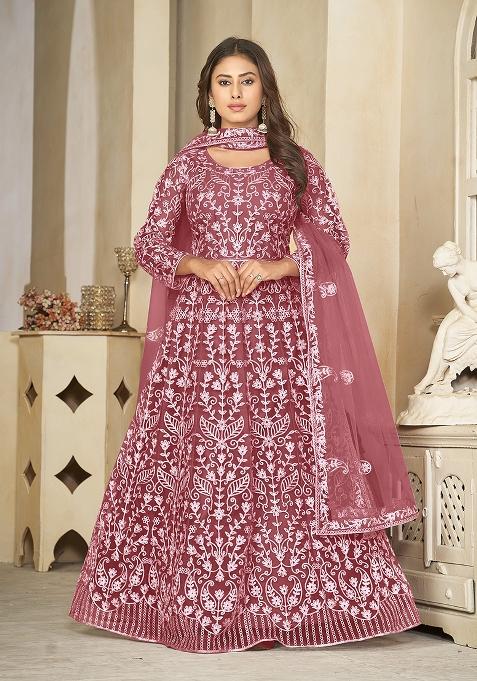 Orange Net Embroidered Anarkali Set With Dupptta