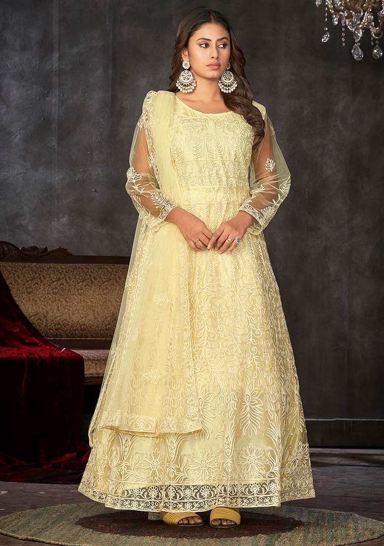 Lightyellow Embroidered Net Anarkali Set - Indya
