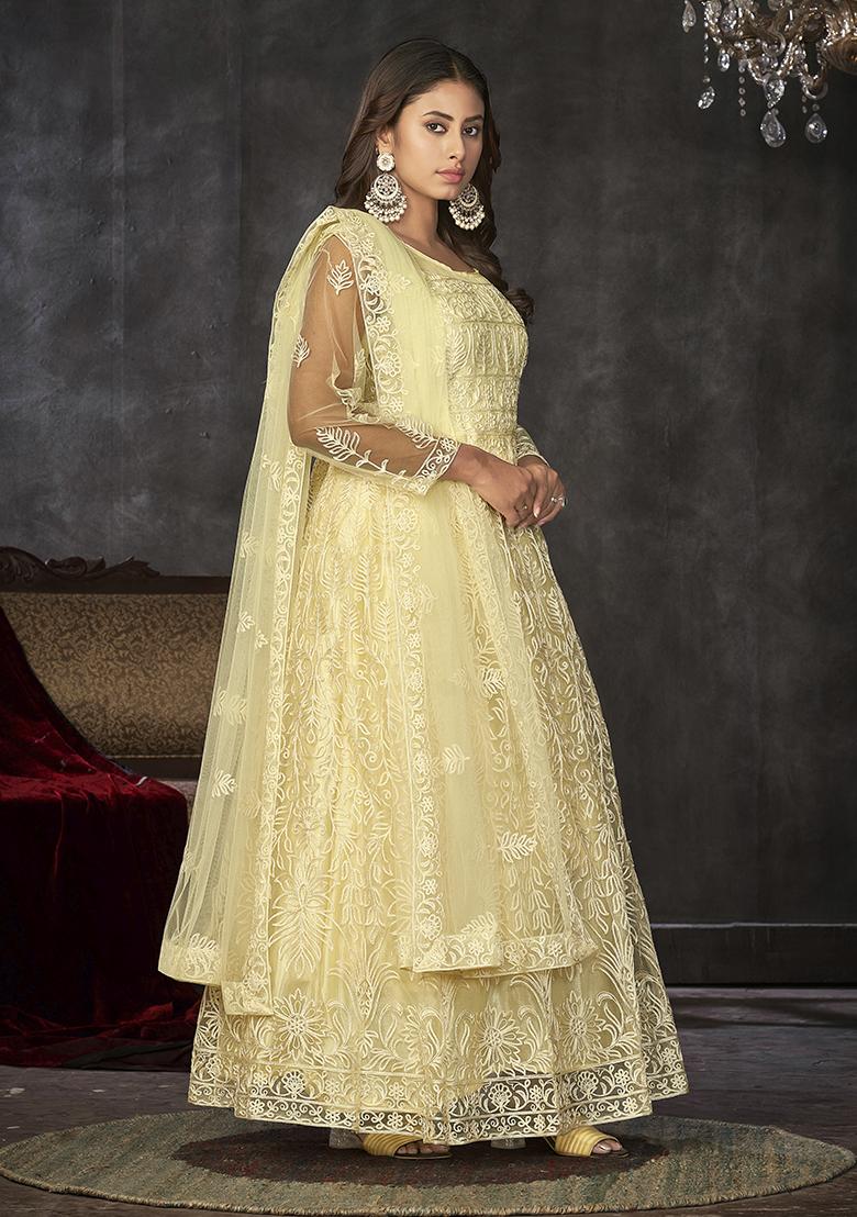 Lightyellow  Net Embroidered Anarkali Set With Dupptta