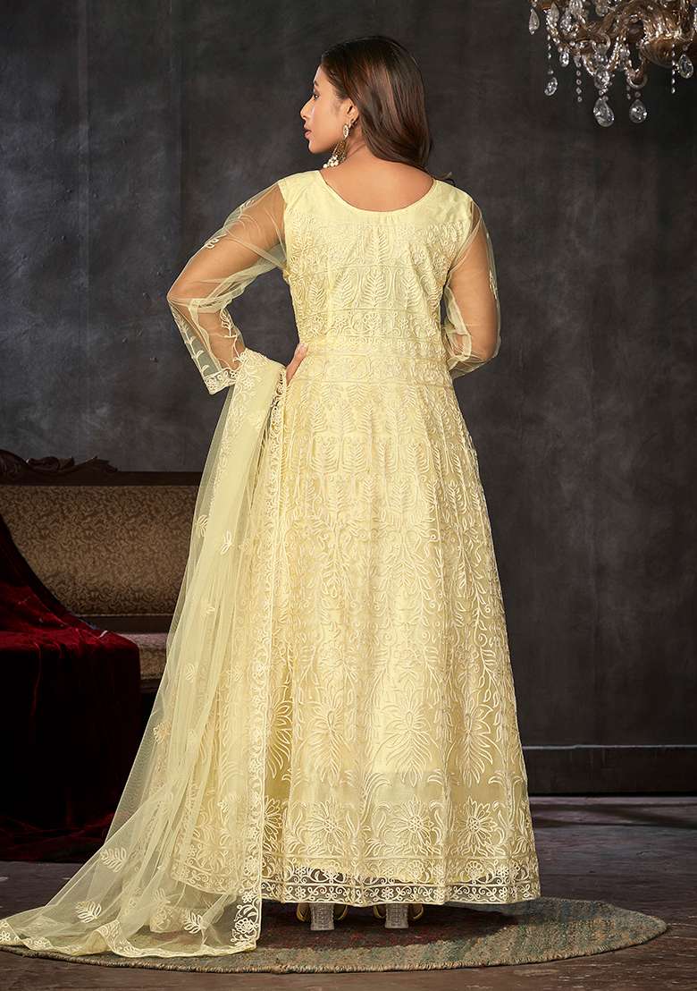 Lightyellow Embroidered Net Anarkali Set - Indya