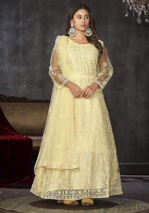 Lightyellow  Net Embroidered Anarkali Set With Dupptta