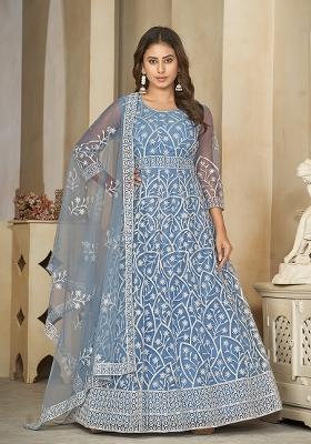 Sky Net Embroidered Anarkali Set With Dupptta