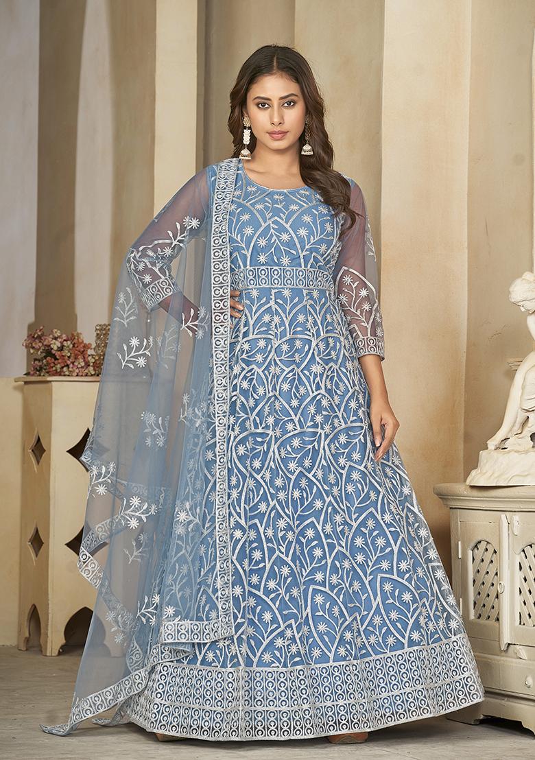 Sky Net Embroidered Anarkali Set With Dupptta