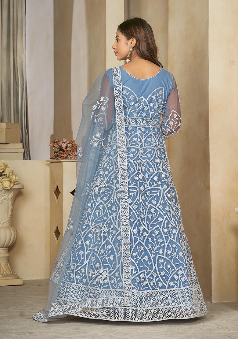 Sky Net Embroidered Anarkali Set With Dupptta