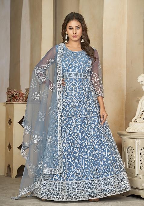 Sky Net Embroidered Anarkali Set With Dupptta