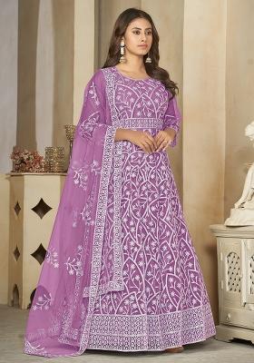 Light Purple Net Embroidered Anarkali Set With Dupptta
