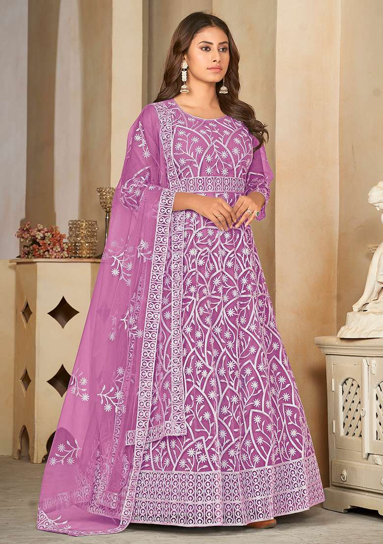 Light Purple Net Embroidered Anarkali With Dupatta With Dupptta - Indya