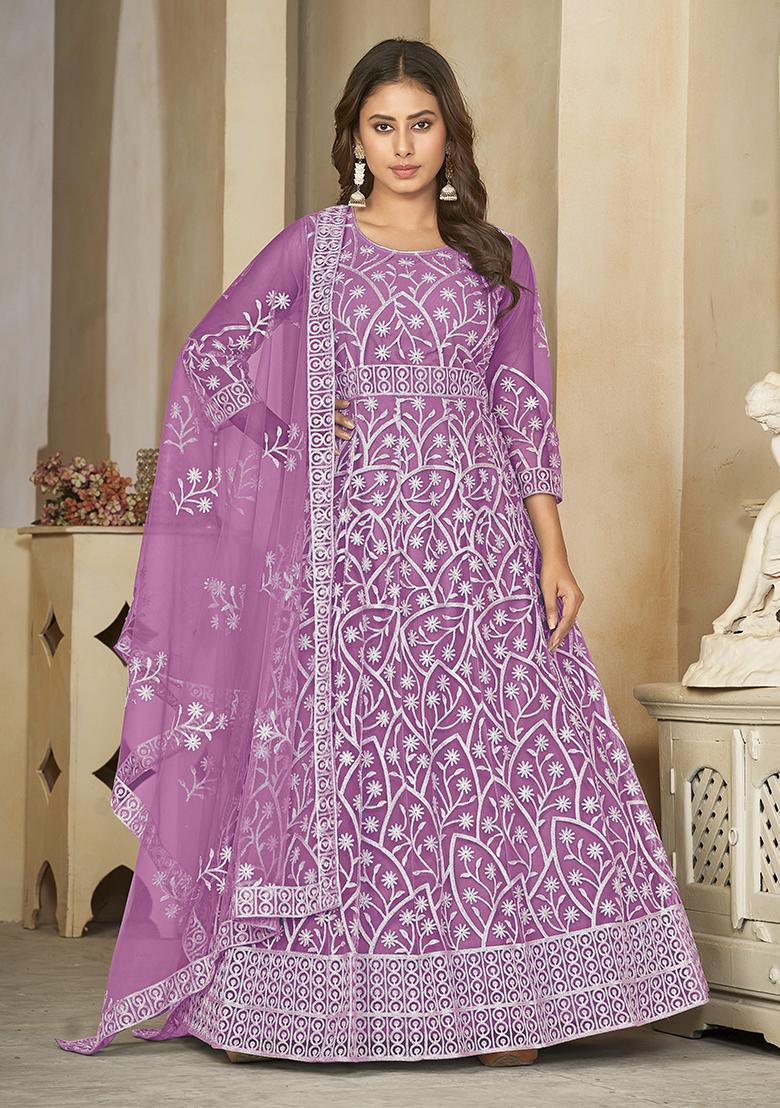 Light Purple Net Embroidered Anarkali Set With Dupptta