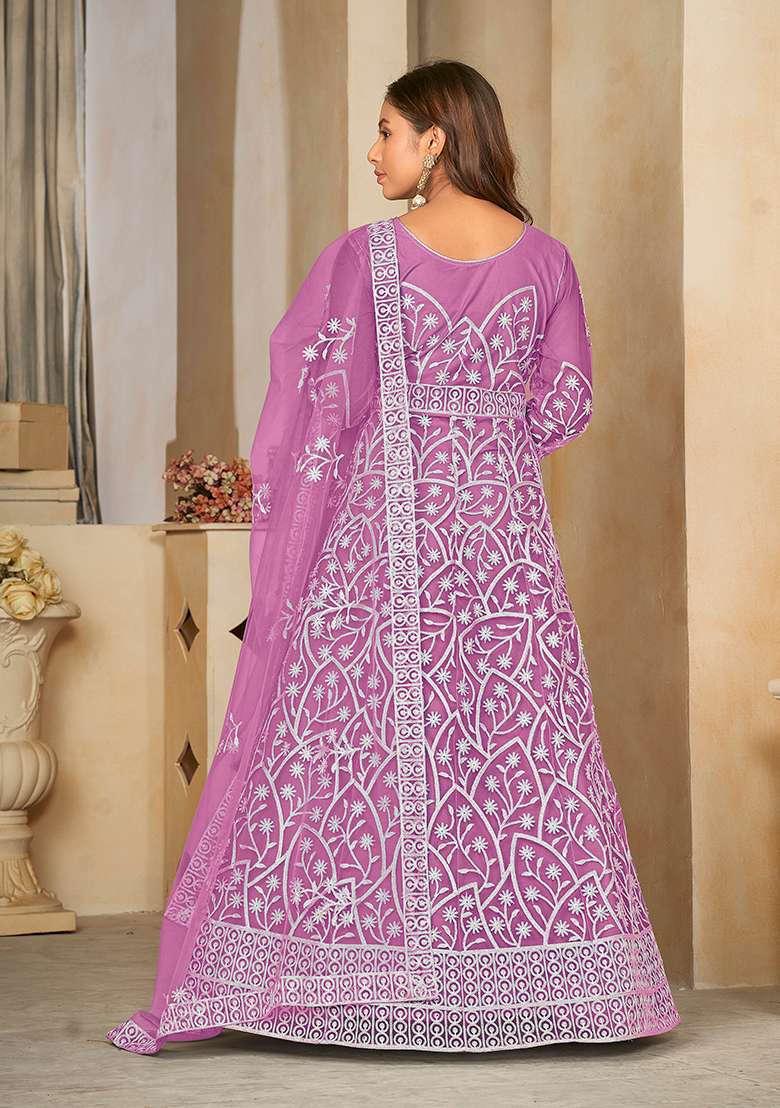 Light Purple Net Embroidered Anarkali With Dupatta With Dupptta - Indya