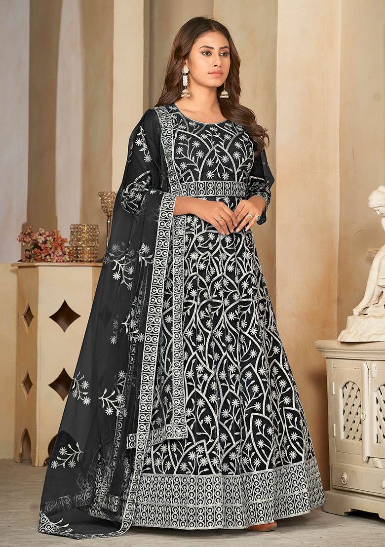 Black Embroidered Net Anarkali With Dupatta - Indya