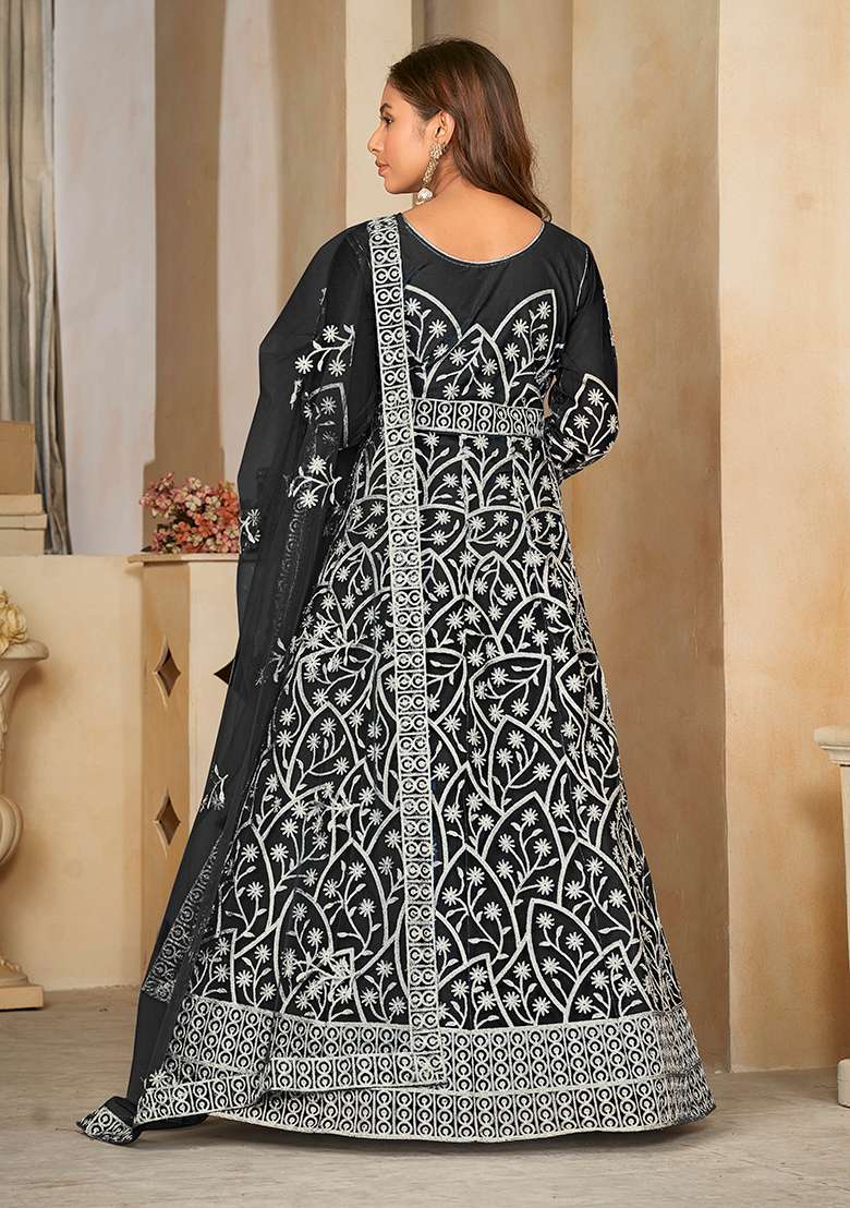 Black Embroidered Net Anarkali With Dupatta - Indya