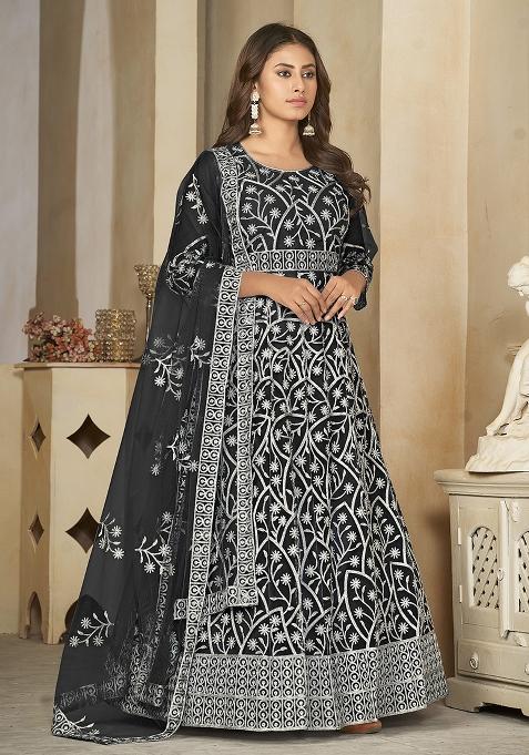 Black Net Embroidered Anarkali Set With Dupptta