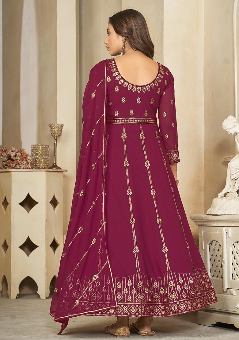 Dark Pink Georgette Embroidered Anarkali Set With Dupptta