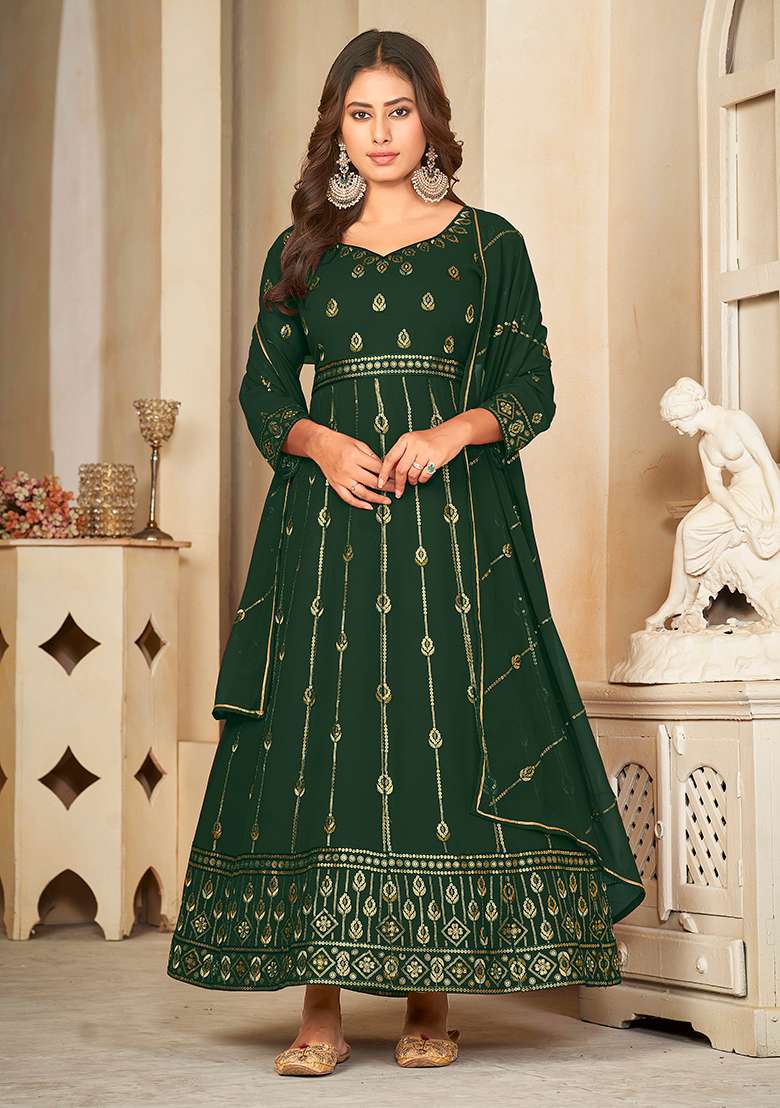 Green Embroidered Georgette Anarkali With Dupatta - Indya