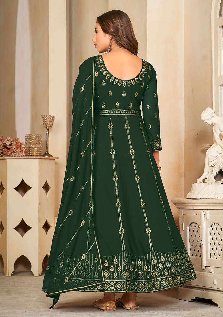 Green Embroidered Georgette Anarkali With Dupatta - Indya