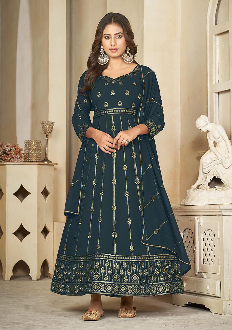 Rama Georgette Embroidered Anarkali Set With Dupptta