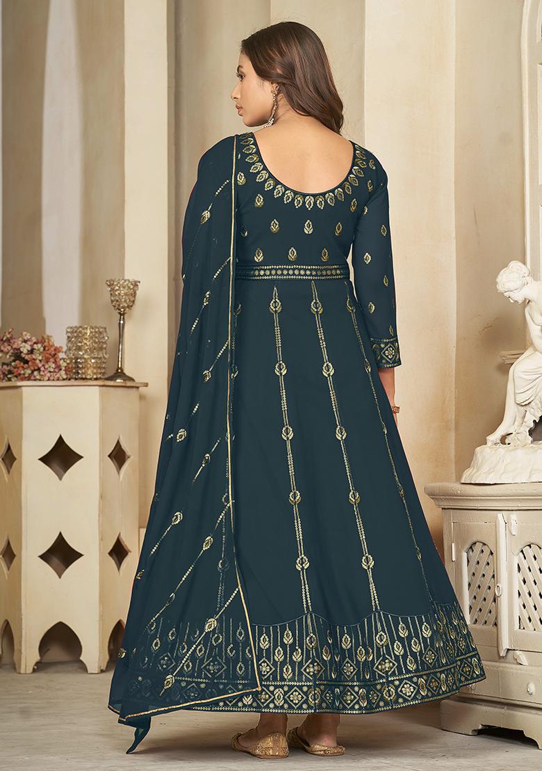 Rama Georgette Embroidered Anarkali Set With Dupptta