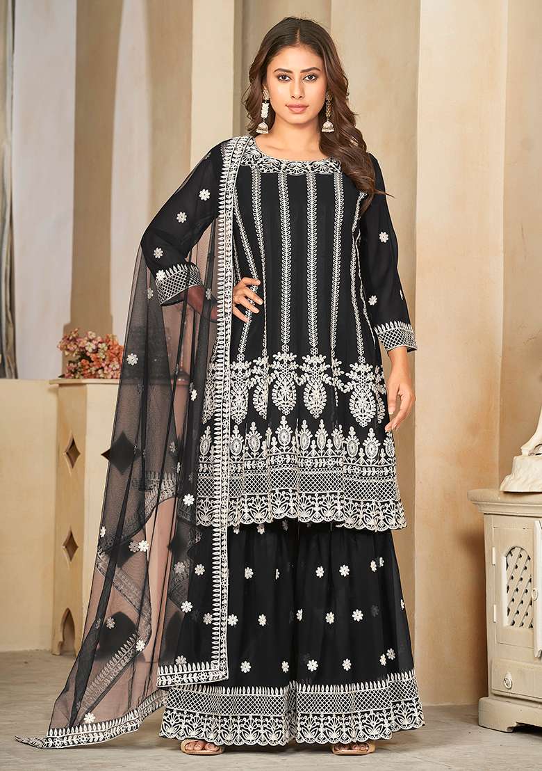 Black Embroidered Georgette Sharara Set - Indya