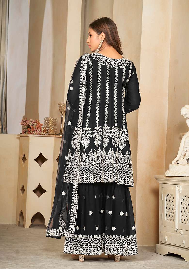 Black Embroidered Georgette Sharara Set - Indya