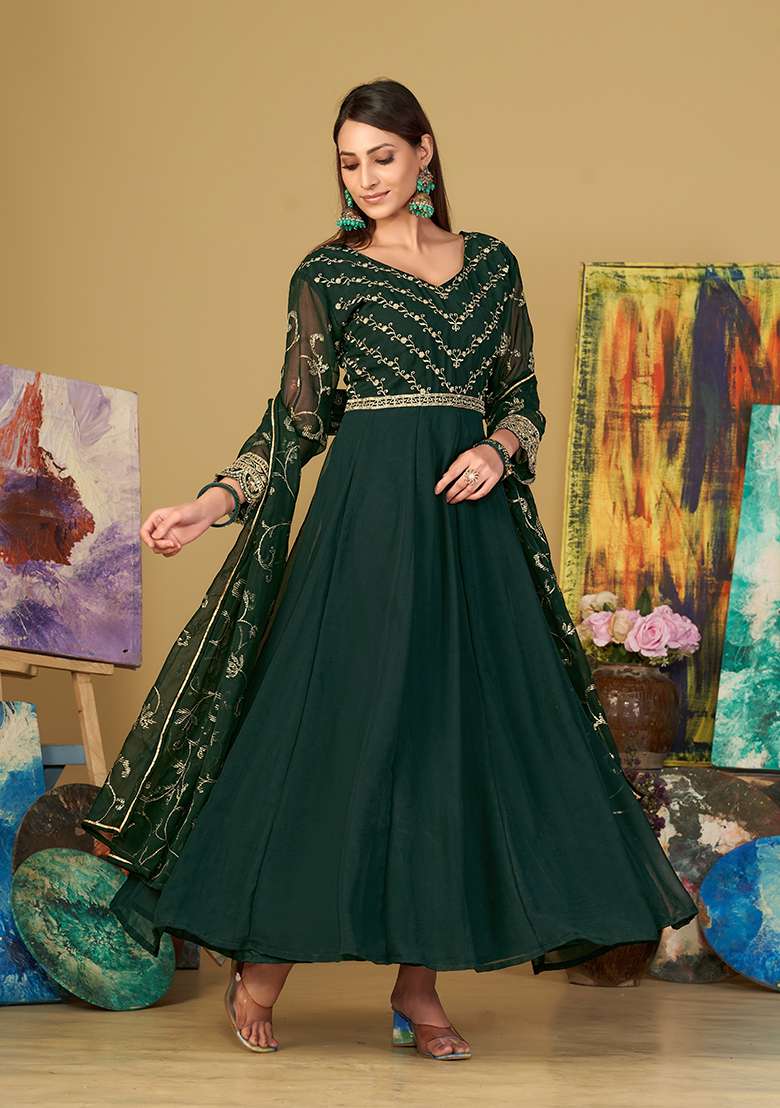 Green Embroidered Georgette Anarkali With Dupatta - Indya