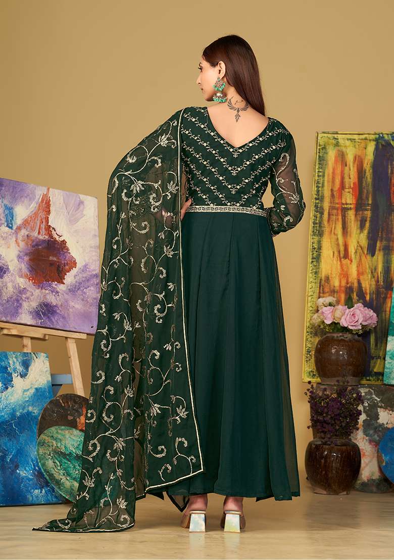 Green Embroidered Georgette Anarkali With Dupatta - Indya