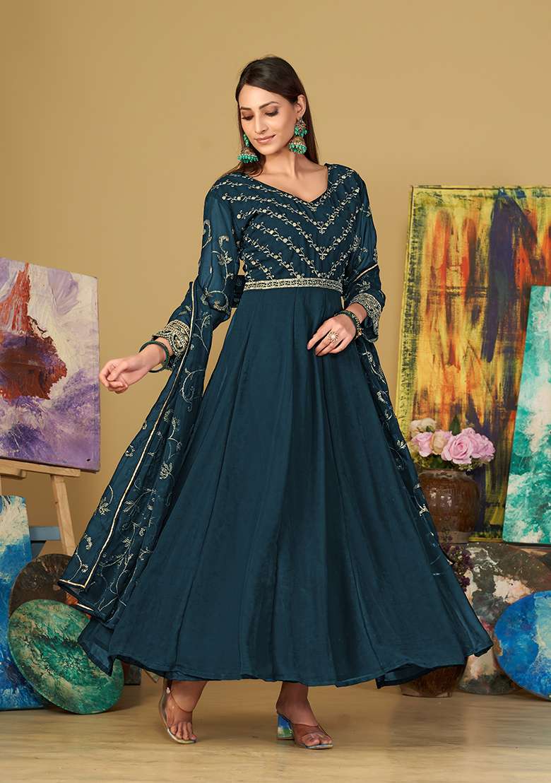 Turquoise Blue Embroidered Georgette Anarkali With Dupatta - Indya