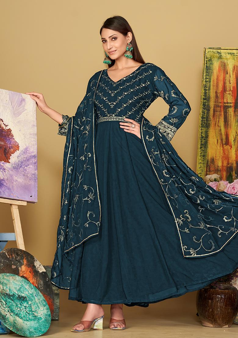 Turquoise Blue Georgette Embroidered Anarkali Set With Dupptta