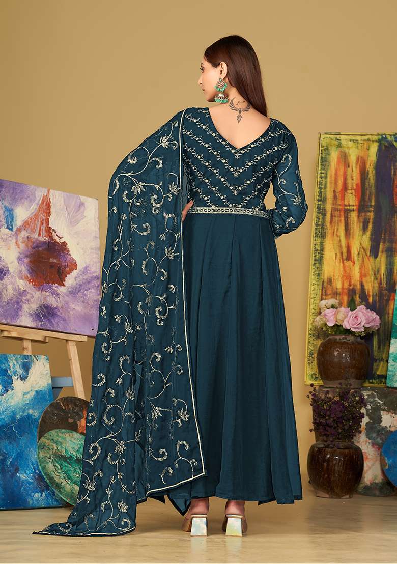 Turquoise Blue Embroidered Georgette Anarkali With Dupatta - Indya