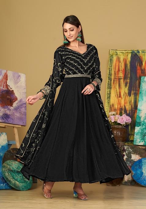 Black Georgette Embroidered Anarkali Set With Dupptta