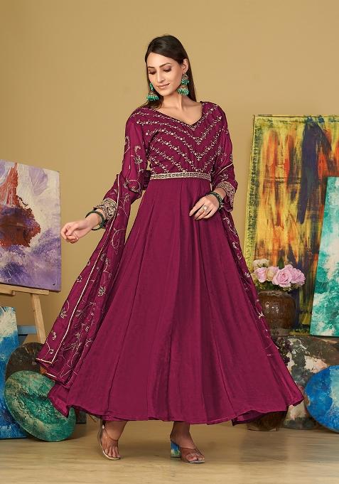 Dark Pink Georgette Embroidered Anarkali Set With Dupptta