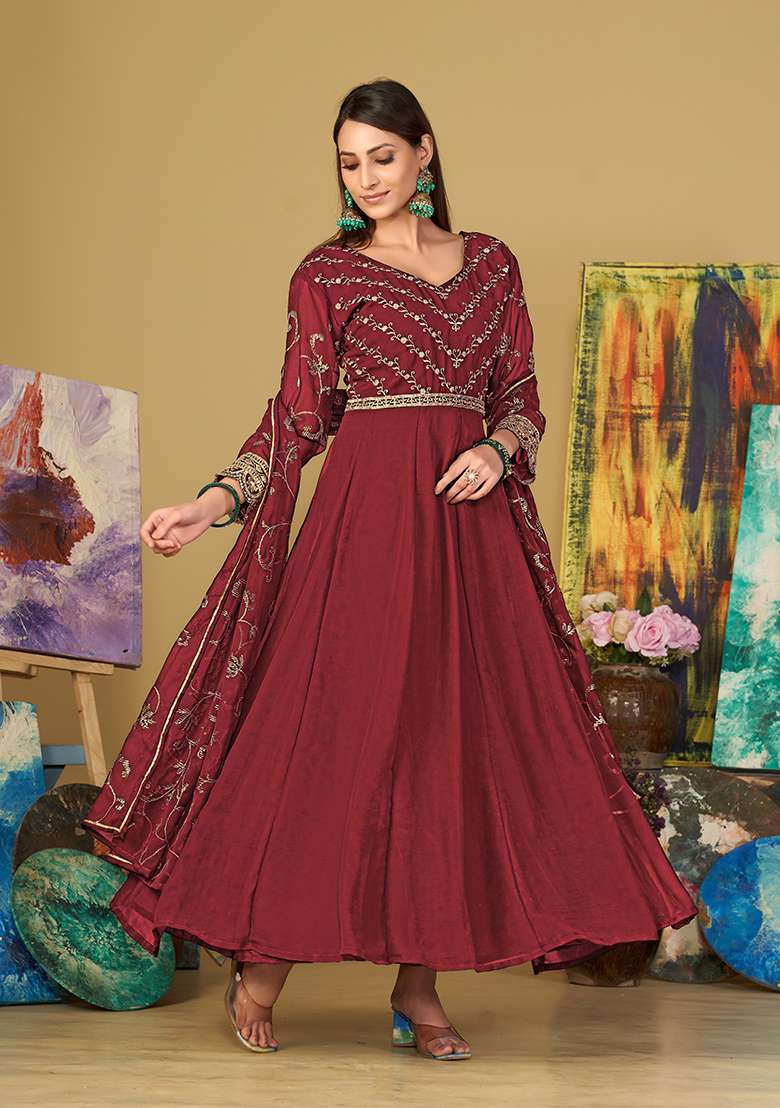 Maroon Embroidered Georgette Anarkali With Dupatta - Indya