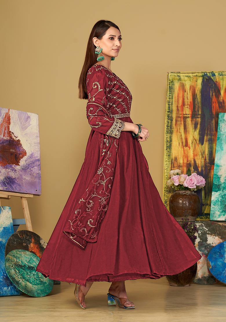 Maroon Georgette Embroidered Anarkali Set With Dupptta