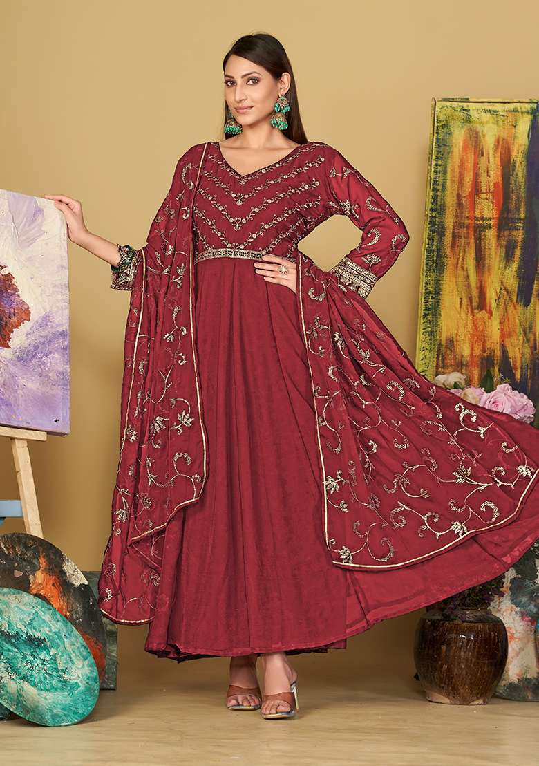 Maroon Embroidered Georgette Anarkali With Dupatta - Indya