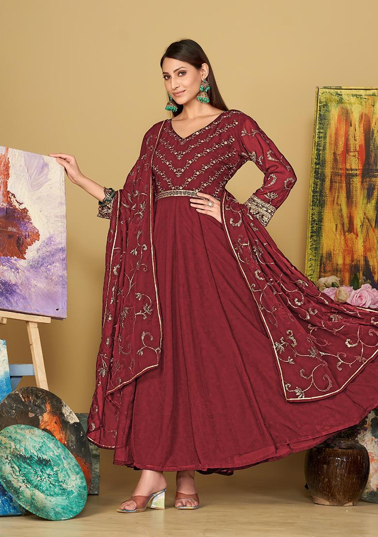 Maroon Georgette Embroidered Anarkali Set With Dupptta