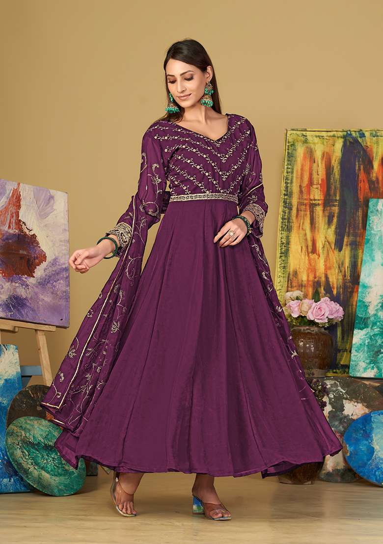 Purple Embroidered Georgette Anarkali With Dupatta - Indya