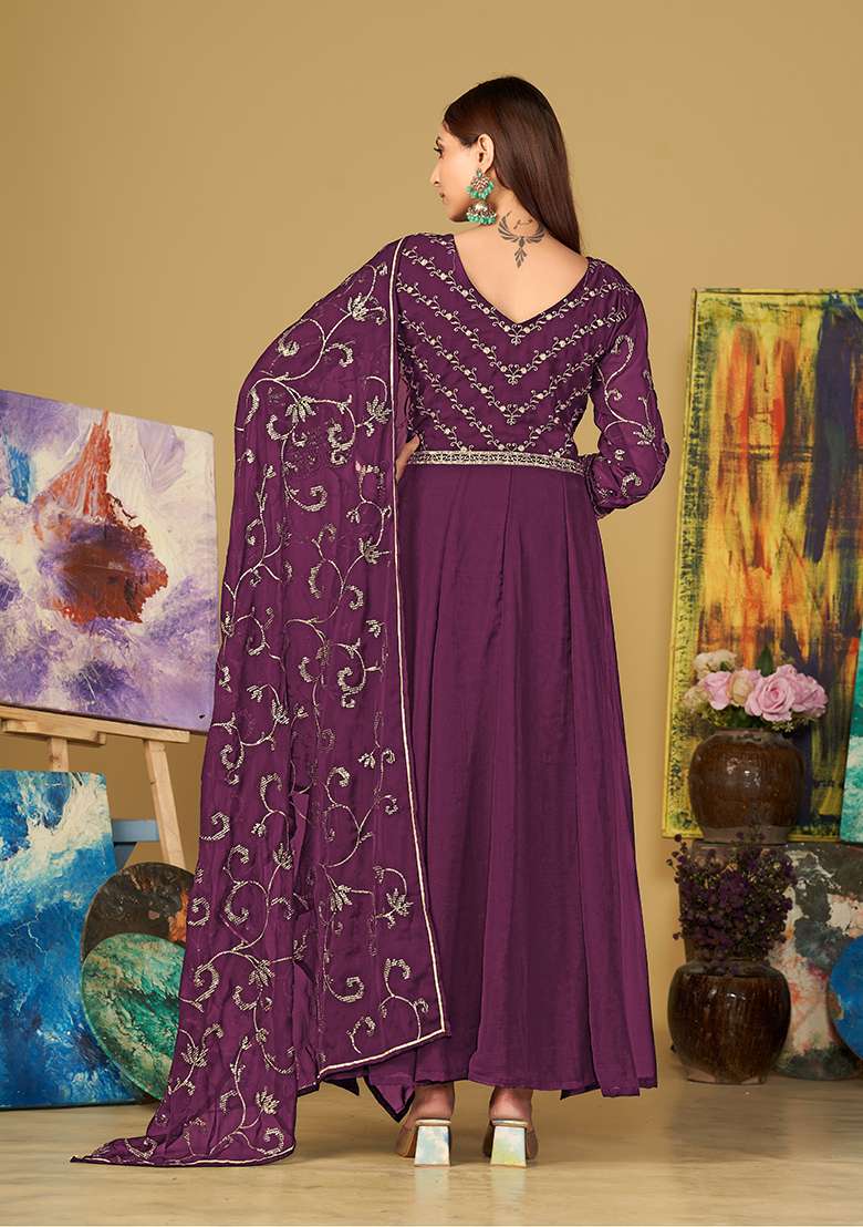Purple Embroidered Georgette Anarkali With Dupatta - Indya