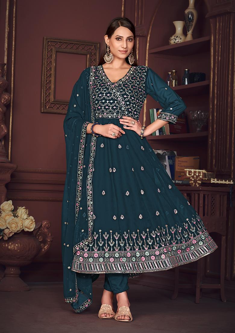 Turquoise Blue Georgette Embroidered Anarkali Set With Dupptta