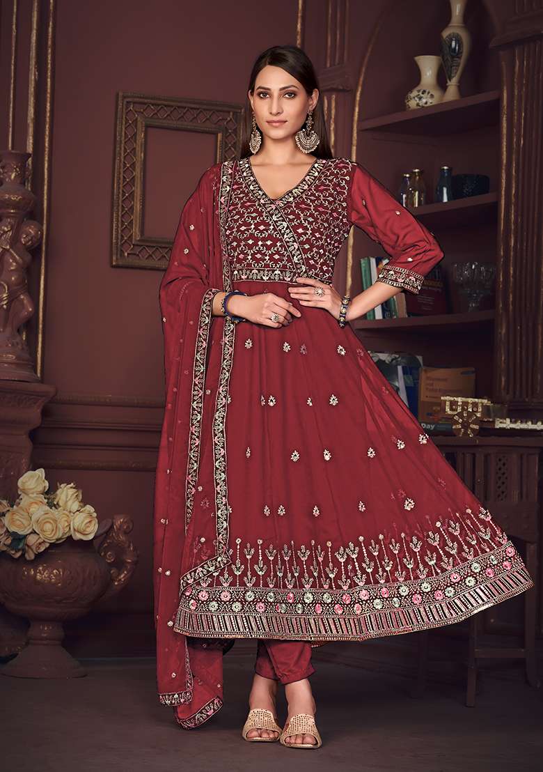 Maroon Embroidered Georgette Anarkali With Dupatta - Indya