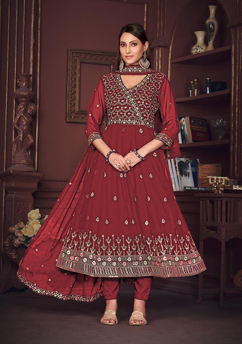 Maroon Georgette Embroidered Anarkali Set With Dupptta