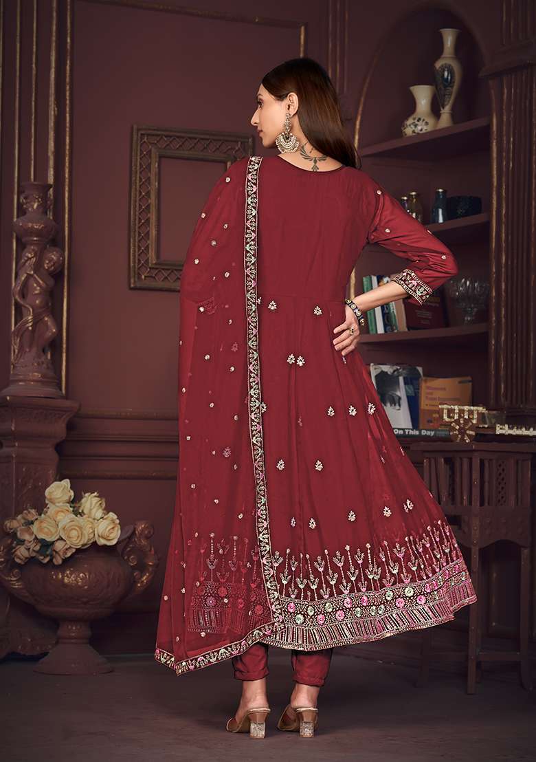 Maroon Embroidered Georgette Anarkali With Dupatta - Indya