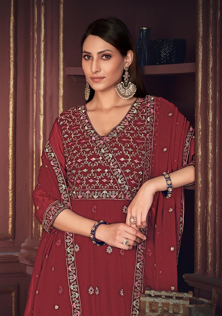 Maroon Georgette Embroidered Anarkali Set With Dupptta