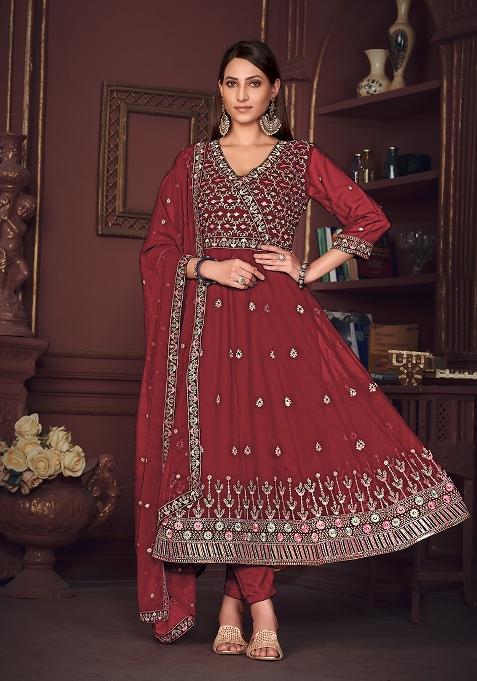 Maroon Georgette Embroidered Anarkali Set With Dupptta