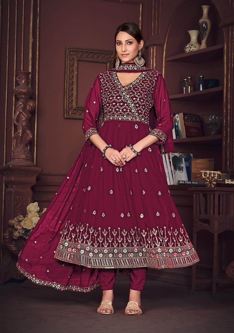Dark Pink Georgette Embroidered Anarkali Set With Dupptta