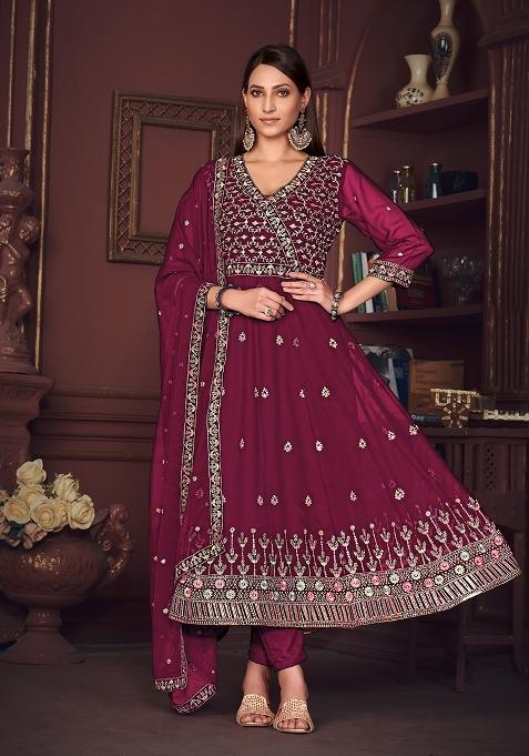 Dark Pink Georgette Embroidered Anarkali Set With Dupptta