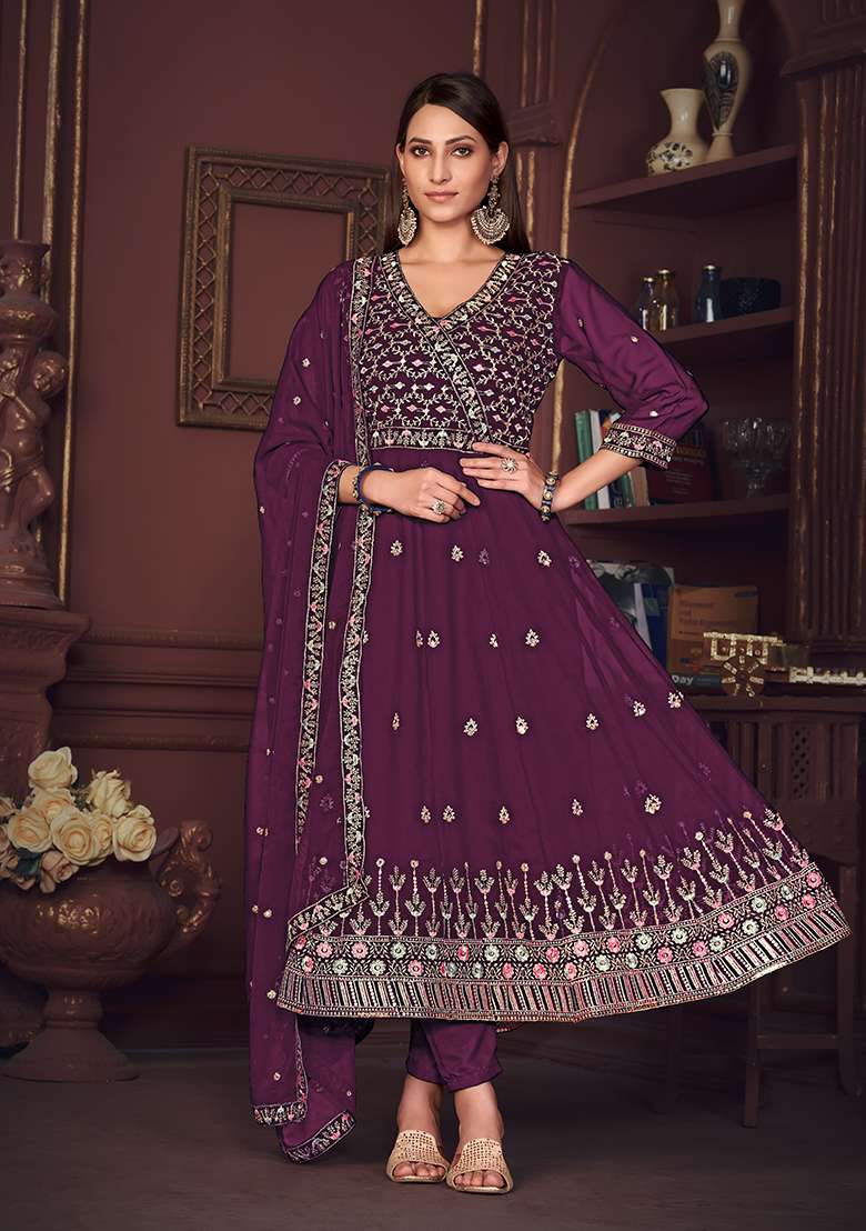 Purple Embroidered Georgette Anarkali With Dupatta - Indya